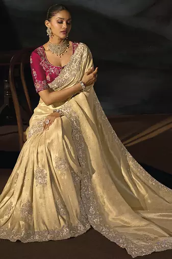 cream kanjivaram jacquard saree with jari sequence moti and cut dana heavy hand work