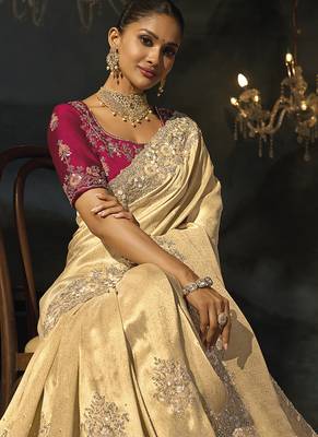 cream kanjivaram jacquard saree with jari sequence moti and cut dana heavy hand work 3