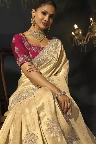 cream kanjivaram jacquard saree with jari sequence moti and cut dana heavy hand work