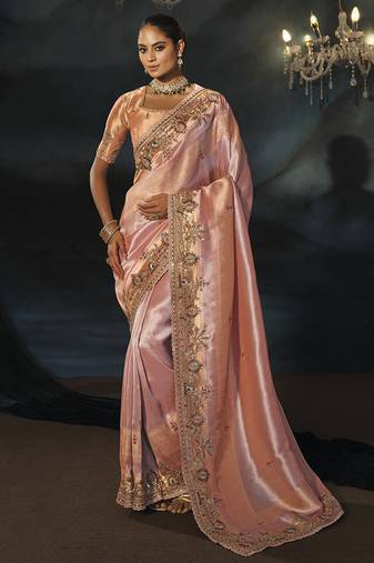 peach madhurai silk blend saree with jari thread cut dana and jardoshi heavy hand work