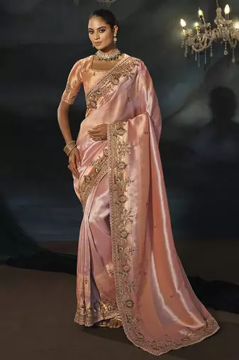 peach madhurai silk blend saree with jari thread cut dana and jardoshi heavy hand work