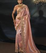 peach madhurai silk blend saree with jari thread cut dana and jardoshi heavy hand work