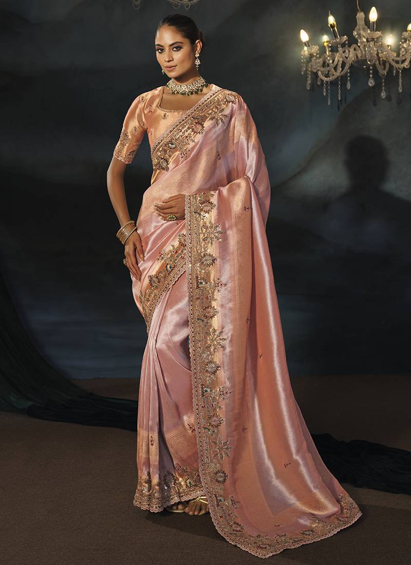 peach madhurai silk blend saree with jari thread cut dana and jardoshi heavy hand work