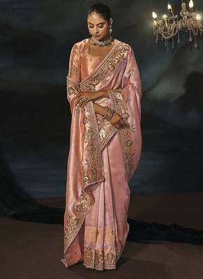 peach madhurai silk blend saree with jari thread cut dana and jardoshi heavy hand work 2