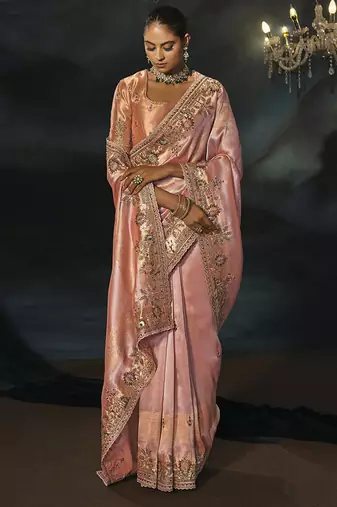 peach madhurai silk blend saree with jari thread cut dana and jardoshi heavy hand work