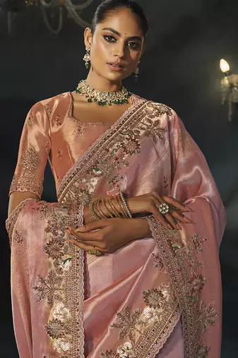 peach madhurai silk blend saree with jari thread cut dana and jardoshi heavy hand work