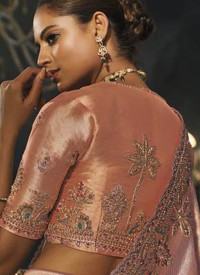peach madhurai silk blend saree with jari thread cut dana and jardoshi heavy hand work 4