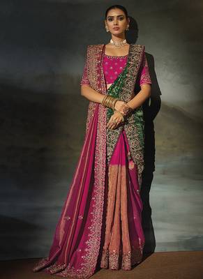 rani kanchipuram silk blend saree with jari thread moti cut dana heavy hand work and 1 extra dupatta 1