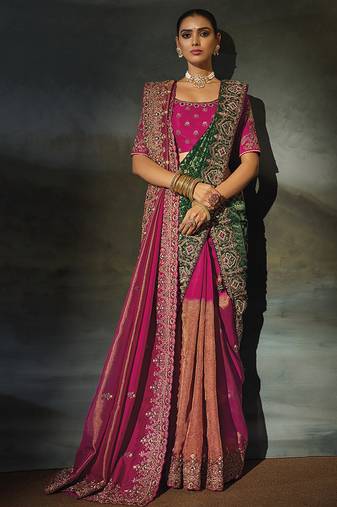 rani kanchipuram silk blend saree with jari thread moti cut dana heavy hand work and 1 extra dupatta