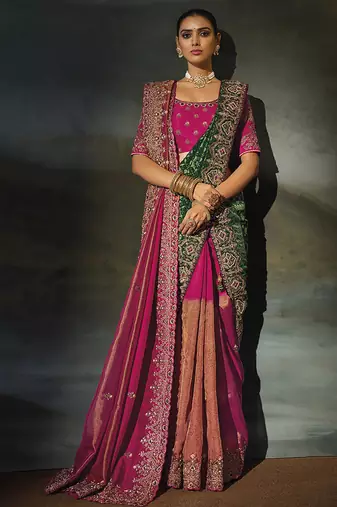 rani kanchipuram silk blend saree with jari thread moti cut dana heavy hand work and 1 extra dupatta