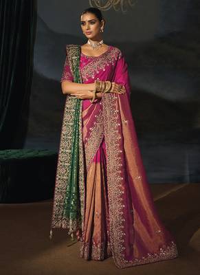 rani kanchipuram silk blend saree with jari thread moti cut dana heavy hand work and 1 extra dupatta 2