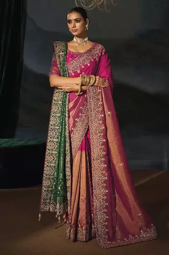 rani kanchipuram silk blend saree with jari thread moti cut dana heavy hand work and 1 extra dupatta