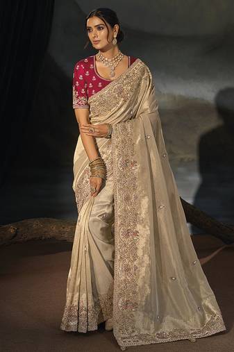 chiku kanjivaram saree with jari thread moti and cut dana heavy hand work