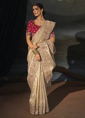 chiku kanjivaram saree with jari thread moti and cut dana heavy hand work 2