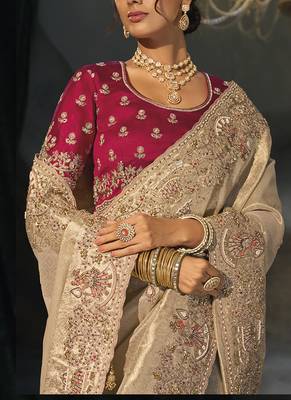 chiku kanjivaram saree with jari thread moti and cut dana heavy hand work 3