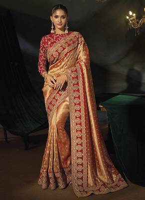 red sabyasachi cloth saree with jari & sequence heavy hand work 1