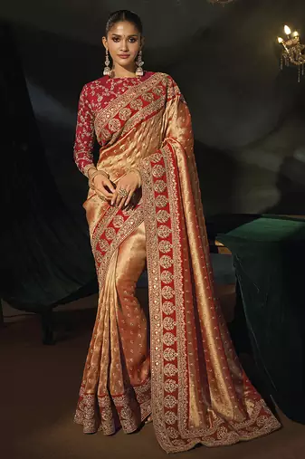 red sabyasachi cloth saree with jari & sequence heavy hand work
