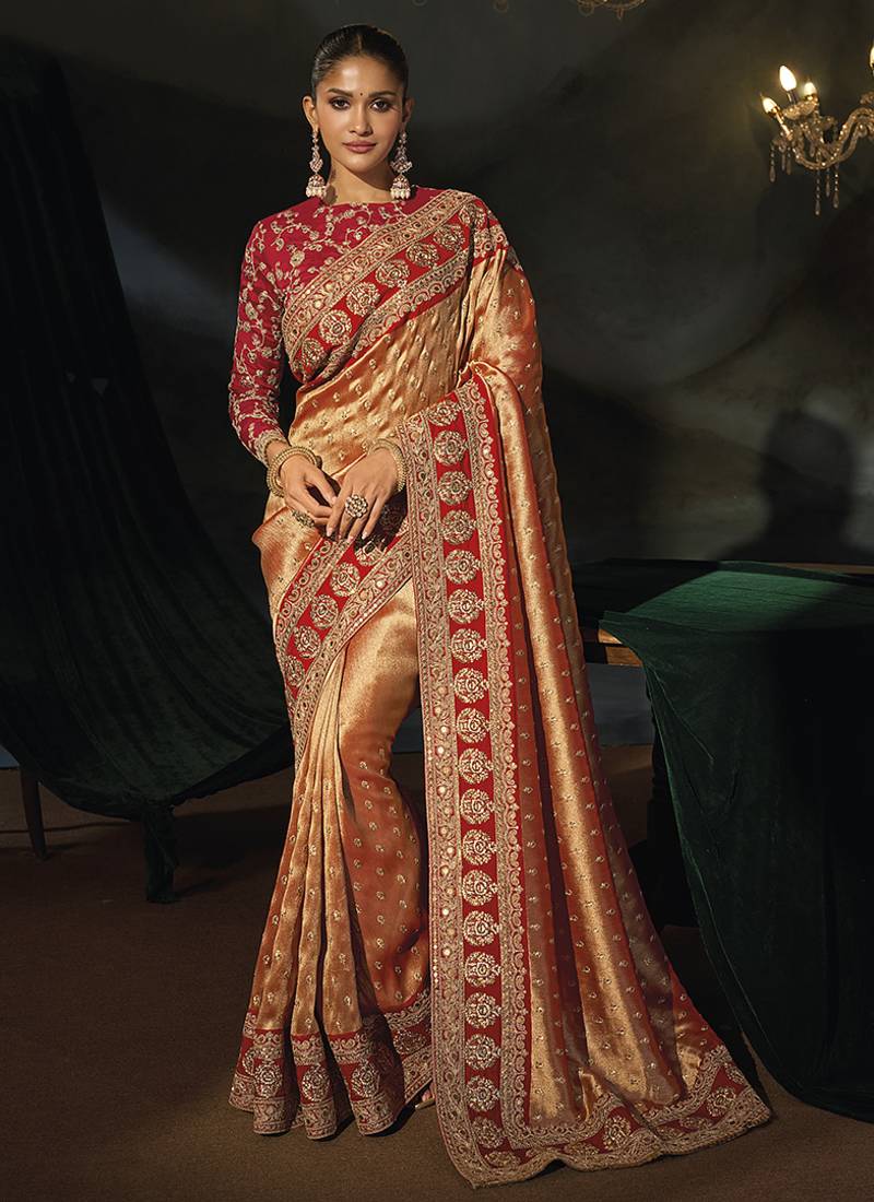 red sabyasachi cloth saree with jari & sequence heavy hand work
