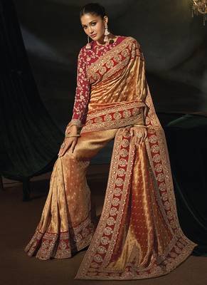 red sabyasachi cloth saree with jari & sequence heavy hand work 2