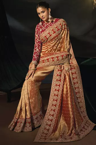 red sabyasachi cloth saree with jari & sequence heavy hand work