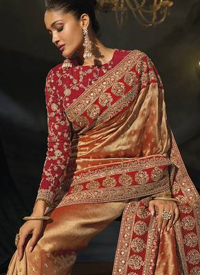 red sabyasachi cloth saree with jari & sequence heavy hand work 3
