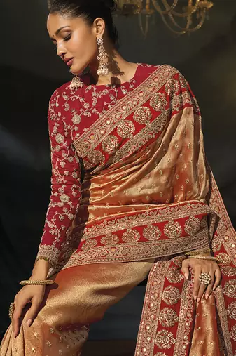 red sabyasachi cloth saree with jari & sequence heavy hand work