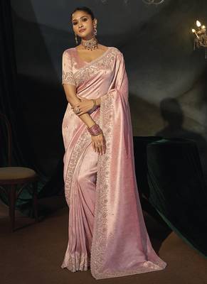 pink madhurai silk blend saree with bids moti heavy work 1