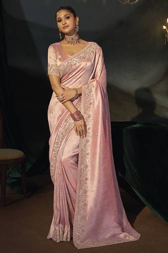 pink madhurai silk blend saree with bids moti heavy work