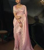 pink madhurai silk blend saree with bids moti heavy work