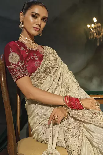 cream kanjivaram saree with jari thread moti cut dana and moti heavy hand work