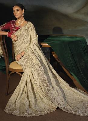 cream kanjivaram saree with jari thread moti cut dana and moti heavy hand work 3
