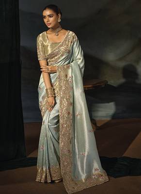 pista madhurai silk blend saree with jari thread cut dana and jardoshi heavy hand work 1