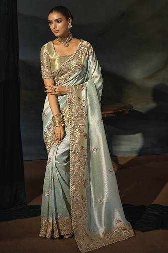 pista madhurai silk blend saree with jari thread cut dana and jardoshi heavy hand work