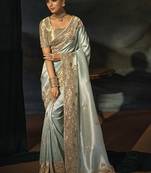 pista madhurai silk blend saree with jari thread cut dana and jardoshi heavy hand work