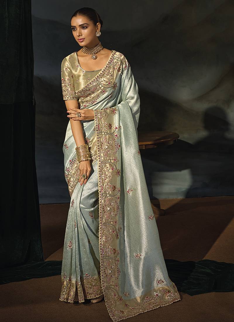pista madhurai silk blend saree with jari thread cut dana and jardoshi heavy hand work
