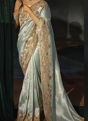 pista madhurai silk blend saree with jari thread cut dana and jardoshi heavy hand work 2