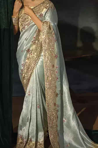 pista madhurai silk blend saree with jari thread cut dana and jardoshi heavy hand work