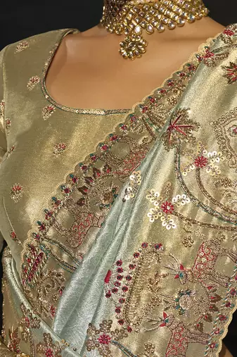 pista madhurai silk blend saree with jari thread cut dana and jardoshi heavy hand work