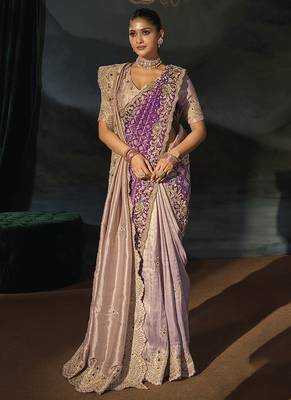 rose gold tanchoi silk blend saree with jari cut dana moti and emerald heavy hand work and 1 extra dupatta 1