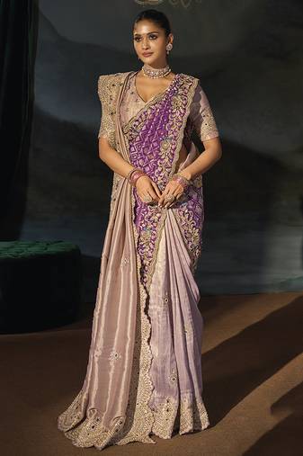 rose gold tanchoi silk blend saree with jari cut dana moti and emerald heavy hand work and 1 extra dupatta