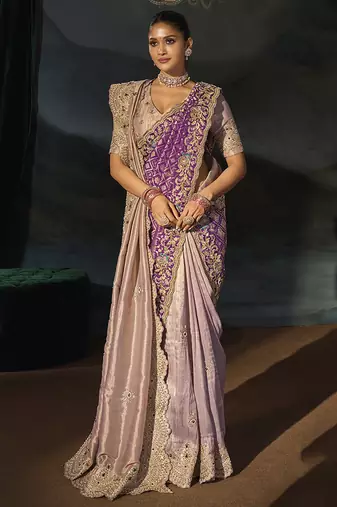 rose gold tanchoi silk blend saree with jari cut dana moti and emerald heavy hand work and 1 extra dupatta