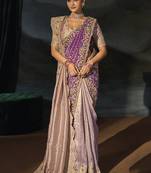 rose gold tanchoi silk blend saree with jari cut dana moti and emerald heavy hand work and 1 extra dupatta