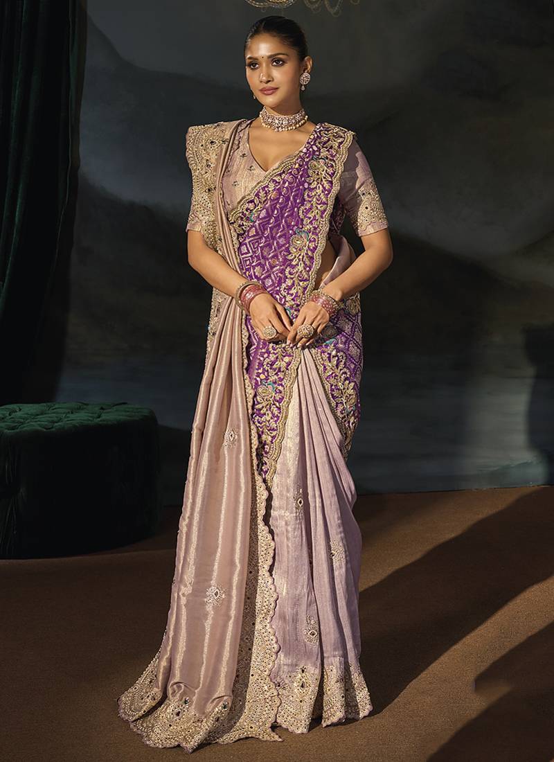 rose gold tanchoi silk blend saree with jari cut dana moti and emerald heavy hand work and 1 extra dupatta