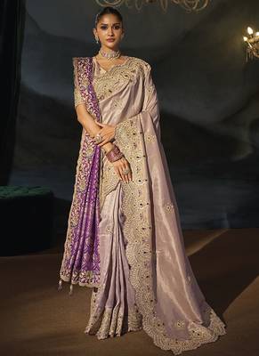 rose gold tanchoi silk blend saree with jari cut dana moti and emerald heavy hand work and 1 extra dupatta 2