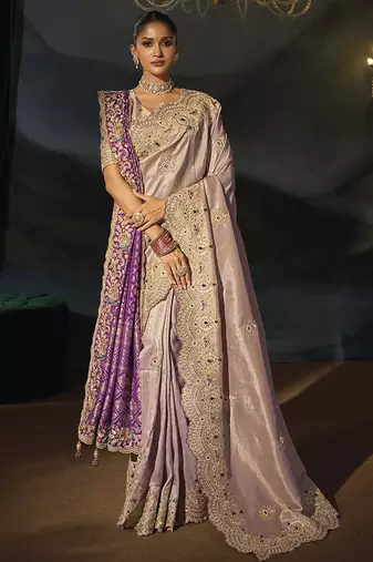 rose gold tanchoi silk blend saree with jari cut dana moti and emerald heavy hand work and 1 extra dupatta