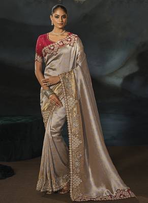 chiku tanchoi silk blend saree with jari thread moti and cut dana heavy hand work 1