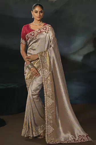 chiku tanchoi silk blend saree with jari thread moti and cut dana heavy hand work