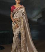 chiku tanchoi silk blend saree with jari thread moti and cut dana heavy hand work