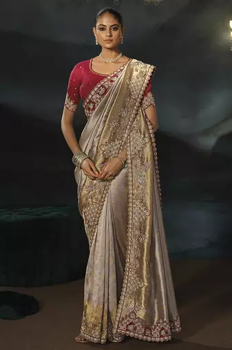 chiku tanchoi silk blend saree with jari thread moti and cut dana heavy hand work