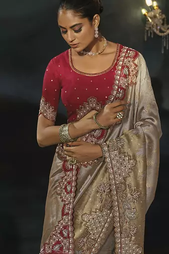 chiku tanchoi silk blend saree with jari thread moti and cut dana heavy hand work